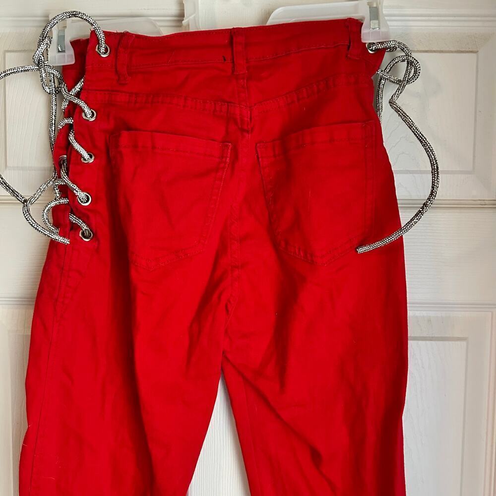Blue Topic Women Red Jeans Tie Up Sides Size Medium Sparkle Laces - Picture 5 of 8